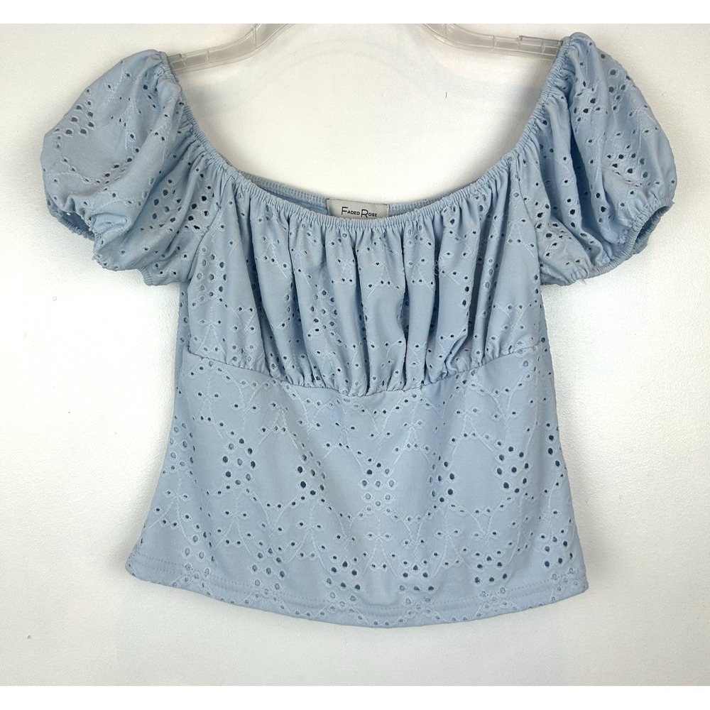 Eyelet Babydoll Top Womens Medium Crop Ruched Square Neck Peasant Boho Blue Read